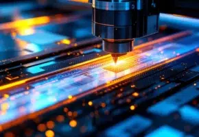 Industriële snijmachine snijdt precisie door metallic folies, koolstofvezel en polymeren met dramatische blauwe verlichting