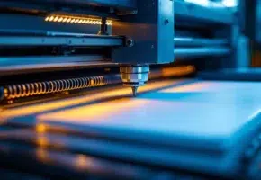 Industriële snijmachine met veiligheidsscherm en metalen snijmessen boven materiaalvellen in professionele werkruimte