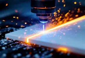 Blauwe laserstraal snijdt wit POM-kunststof met oranje vonken en precisie in industriële omgeving
