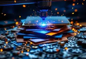 Lasersnijder in actie snijdt door metaal, plastic en stof met blauwe laser en oranje vonken in industriële werkplaats
