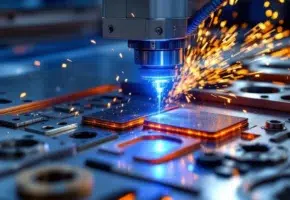 Industriële lasersnijmachine snijdt metaal met blauwe laserstraal, vonken en gloeiende randen zichtbaar