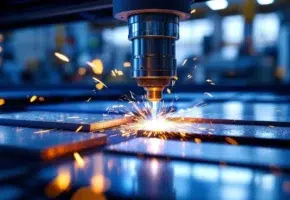 Laser snijmachine in actie met blauwe laserstraal die metaal snijdt, vonken en materiaalmonsters op voorgrond