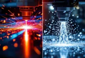 Industriële snijprocessen: rode laserstraal en hogedruk waterstraal snijden metaal in moderne fabriek