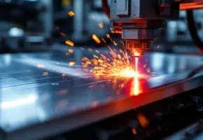 Rode laser snijdt door glanzend aluminiumplaat in industriële omgeving, met vonken en gloeiende randen zichtbaar