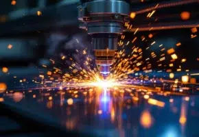 Industriële lasersnijmachine snijdt roestvrijstaal met blauwe laserstraal en oranje vonken in precisiewerkplaats