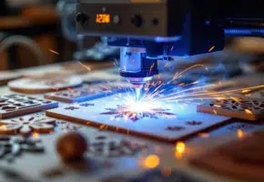 Compacte lasersnijder snijdt hout met blauwe laserstraal, vonken en rook zichtbaar, met diverse gesneden materialen op werkbank