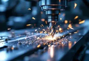 Precisiefreesmachine snijdt aluminium met carbide frees, metaalspanen krullen weg onder industriële verlichting