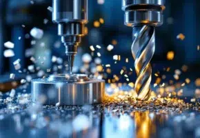 Precisie freesgereedschap en boorkop bewerken gepolijst metaal met vliegende spanen onder industriële verlichting