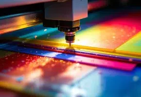 Precisie snijmachine snijdt door kleurrijke plastic vellen in blauw, rood en geel met scherp gefocuste snijmes