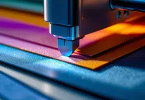 Precisie plotter snijdt door gestapelde industriële materialen van plastic, rubber en stof met dramatische verlichting