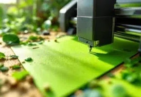 Precisie plotter snijdt door groen gerecycled materiaal met duurzame bamboe en kurk op de achtergrond