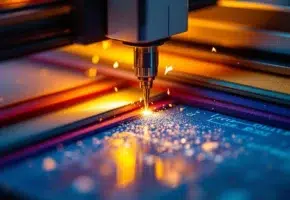 Precisie snijmachine snijdt door gekleurde industriële materialen met scherp mes, dramatische verlichting toont snijafval