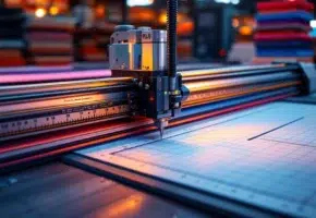 Precisie plottersnijmachine snijdt door kleurrijke industriële materialen met millimeter-nauwkeurigheid op werktafel
