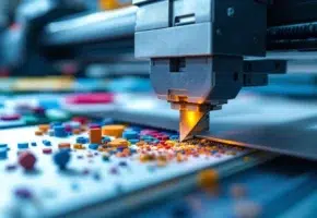 Precisie snijapparatuur snijdt door gelaagde industriële materialen met geavanceerde plotterblade in moderne fabriek