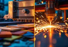 Precisie snijmachines: stalen stanspers en lasersnijder met vonken bewerken kleurrijke materialen in moderne fabriek