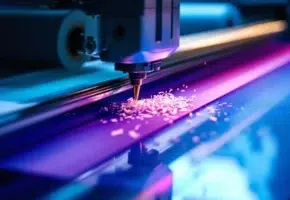 Precisie snijmachine snijdt door kleurrijke industriële materialen met scherp mes, materiaalrollen op achtergrond