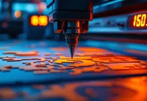 Precisie snijmachine snijdt kleurrijke industriële materialen met scherp mes, timer display op achtergrond