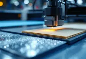 Precisie plottersnijmachine snijdt door industriële materialen met scherp mes, perfecte randen zichtbaar in moderne werkplaats