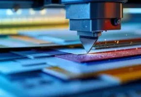 Precisie snijmes van plotter die door meerlagige industriële materialen snijdt met perfecte randen en meetinstrumenten