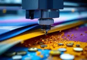 Precisie snijplotter snijdt kleurrijke industriële materialen zoals rubber en vilt, met eurobankbiljetten op voorgrond