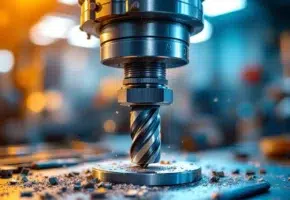 Professionele boormachine met freesopzetstuk in industriële werkplaats met metaalspanen en precisie-gereedschap