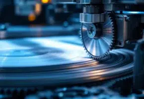 Roterende snijmachine in actie met precisie snijblad dat door gelaagde industriële materialen snijdt