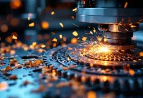 Precisie roterende snijmachine in actie met stalen messen die industrieel materiaal snijden, dramatisch verlicht