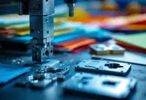 Professionele snijmachines met metalen messen en snijgereedschap op industriële werkbank met kleurrijke materialen