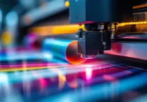 Precisie plottersnijmachine snijdt door gekleurd vinyl materiaal met scherp mes en industriële verlichting