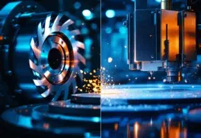 Industriële snijmachines: roterende cilinderstans links en vlakbed-pers rechts in actie met metalen precisie