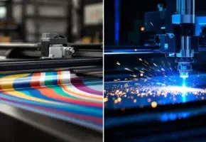 Snijmachines in actie: plottermes snijdt vinyl links, laserstraal snijdt metaal rechts in moderne werkplaats
