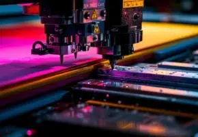 Precisie snijmachine snijdt door kleurrijke rubber-, plastic- en viltlagen met stalen messen onder industriële verlichting