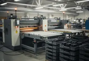 Industriële snijmachine op gedeeltelijke capaciteit met precisiegesneden rubber en plastic componenten in stapelbare bakken op fabrieksvloer.