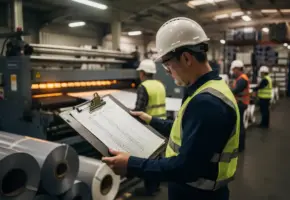 Fabrieksopzichter bekijkt dienstroosters op klembord tussen precisiessnijmachines en materiaalrollen, arbeiders op achtergrond.