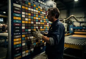 Fabrieksopzichter bekijkt magnetisch planningsbord met gekleurde productieblokken voor rubber, vilt en leer op industriële snijmachines.