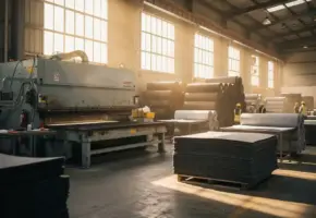 Industriële snijmachine op fabriekshal vloer naast stapels materiaalrollen in warm amberkleurig licht vanuit hoge magazijnramen.