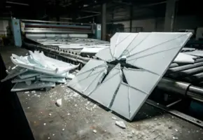Gebarsten plastic plaat op een industriële snijmachine met stilstaande transportband en opgestapelde onbruikbare vellen in een donkere fabriek.
