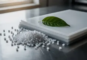 Gerecyclede plastic pellets en ruwe polymeervellen op stalen ondergrond met groen blad als symbool voor duurzame materialen.