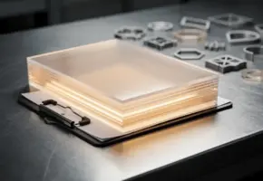 Stapel doorzichtige kunststofplaten op stalen werkbank met klembord en precisiegesneden plastic onderdelen in fabrieksomgeving.