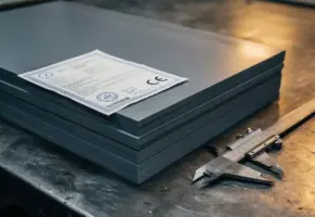 Gestapelde industriële halffabrikaten op stalen werkoppervlak met CE-certificeringsdocument en metalen schuifmaat.