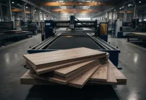 Industriële snijmachine in werking op een grote fabriekshal, met precies gesneden materiaalen op de voorgrond en rijen zware machines op de achtergrond.