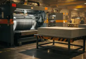 Industriële snijmachine op volle capaciteit in fabriek, met gestapelde materiaalplaten op werkbank en warme amber verlichting.