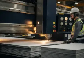 Industriële snijmachine in werking op fabrieksvloer, werknemer in veiligheidsuitrusting bewaakt bedieningspaneel naast gestapelde materiaalplaten.