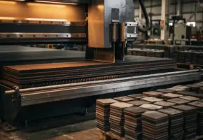 Industriële snijmachine snijdt gelaagde rubber- en kunststofplaten op een fabrieksvloer, omgeven door gestapelde afgewerkte componenten.