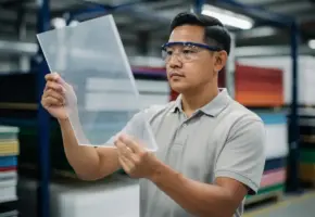 Inkoopmanager inspecteert randkwaliteit van precies gesneden plastic plaat in fabriek, gestapelde gekleurde panelen op achtergrond.