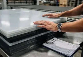 Inkoopmanager legt handen op stapel halfafgewerkte kunststof en rubberplaten naast klembord met orderformulieren op stalen werktafel.