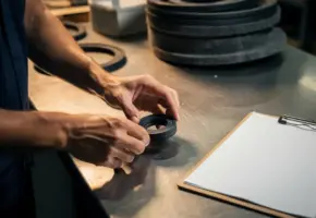 Inkoopmanager inspecteert nauwkeurig gesneden rubberen pakking op industriële stalen werkbank met materiaalspecificaties en leveranciersbeoordelingsformulieren.