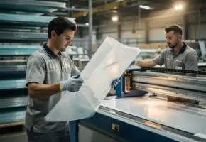Fabrieksmedewerker tilt groot transparant kunststofplaat op en overhandigt dit aan collega bij precisie-snijmachine.