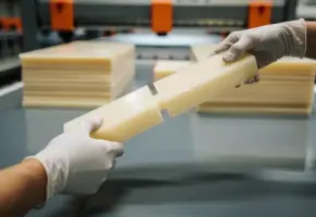 Precisie gesneden kunststof plaat in gehandschoende handen op industriële werkbank, stapels plastic panelen op Nederlandse fabrieksvloer op de achtergrond.
