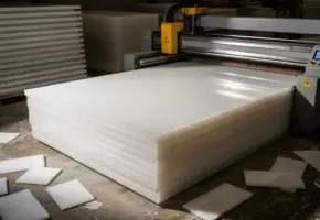 Precisiegesneden kunststofplaat op industriële snijmachine, omringd door gestapelde halfafgewerkte panelen in een productiefaciliteit.